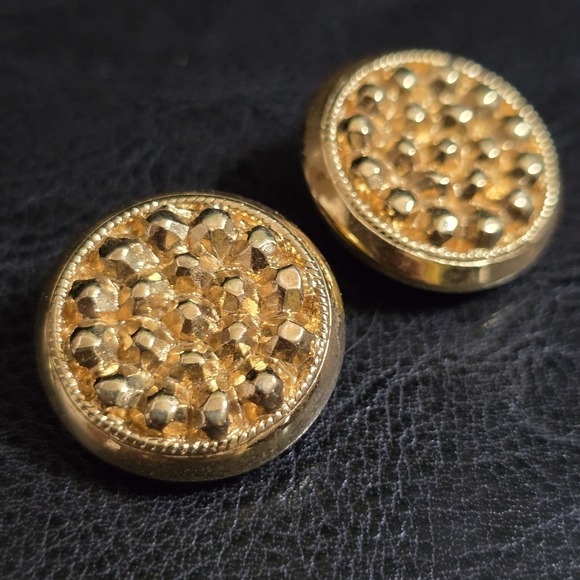 St. John Jewelry - Vtg Signed ST. JOHN Yellow Gold Tone Dome Textured Round Clip On Earrings